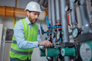 Plumber in protective helmet tightening nut in the boiler room. Repairman fixing a hot water pipe in the technical area of heating system. Adjusting water flow through pipes. repair service.